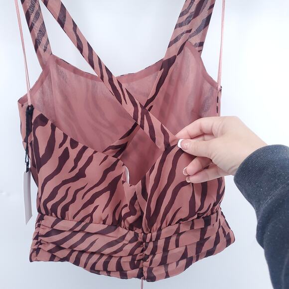 ASTR Retro Y2K Animal Mauve Zebra Blouse Top Strappy CrissCross Waist Zipper XS - Picture 11 of 13